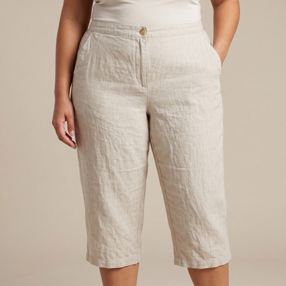 L.L.Bean Women's 100% Linen Crop Pants Coastal Grandma Beige Neutral 16 Reg